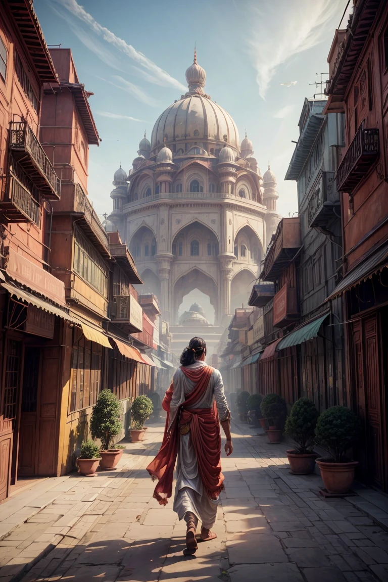 (masterpiece,top quality,high quality)), ((8K wallpaper unified with high definition CG)), a red color double bus, futuristic city, Shot of a futuristic sci-fi utopian city with ancient Indian architecture in the evening with Robots,AI,holographic billboards,futuristic skyways,security drones,a old indian double bus, in the background lies a huge castle hovering few feet above the ground,middleground filled with civilians wearing ancient Indian dhoti Kurta and saree walking,sci-fi vehicles around them,houses and shops on the populated streets.Cinematic,4K,Big Budget Indian sci-fi,Shot on Arri Alexa Cam.