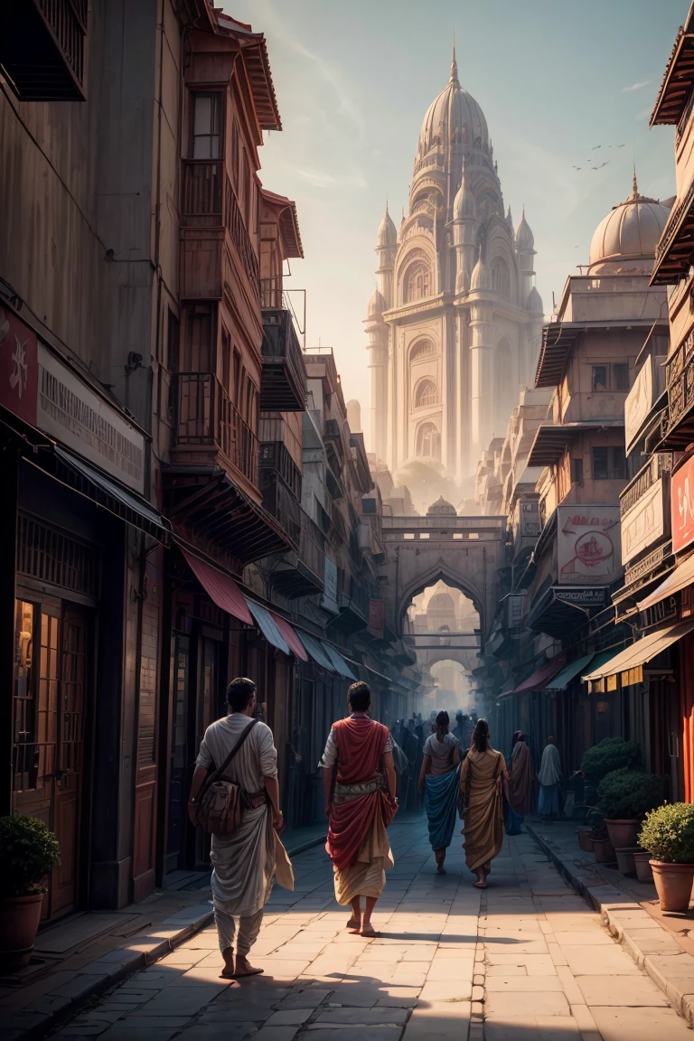 (masterpiece,top quality,high quality)), ((8K wallpaper unified with high definition CG)), a red color double bus, futuristic city, Shot of a futuristic sci-fi utopian city with ancient Indian architecture in the evening with Robots,AI,holographic billboards,futuristic skyways,security drones,a old indian double bus, in the background lies a huge castle hovering few feet above the ground,middleground filled with civilians wearing ancient Indian dhoti Kurta and saree walking,sci-fi vehicles around them,houses and shops on the populated streets.Cinematic,4K,Big Budget Indian sci-fi,Shot on Arri Alexa Cam.