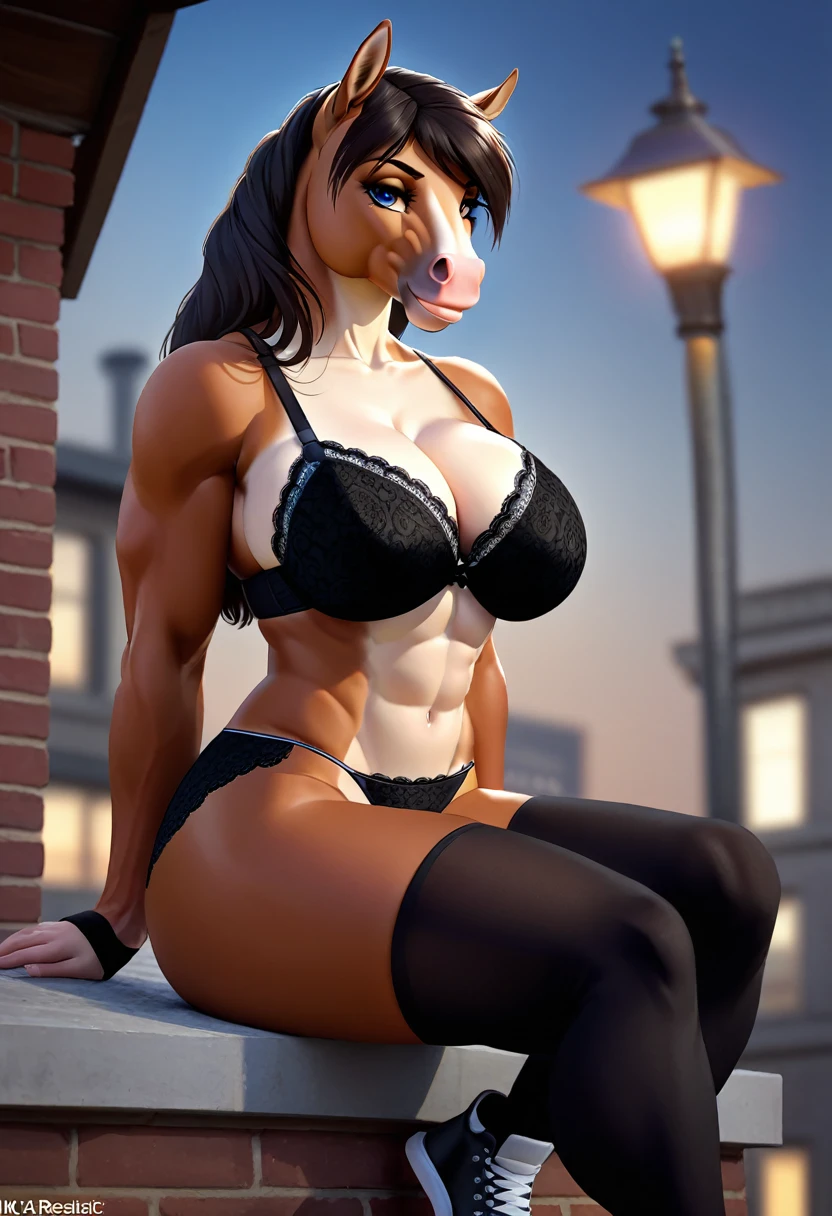 4k highly detailed realistic digital painting of extremely high quality, masterpiece, (от keeltheequine), (uploaded to e621), (full-length portrait of an Anthro horse girl), (sitting on the roof of a building in post-apoc), ((black lace bra,black lace panties,stockings with holders,shoes)), (Beautiful and detailed eyes:1.1), wool, seductive, sexual, voluptuous, curvy body, hourglass figure, big breasts, Muscles, Cinematic lighting, (F1.8 short focus bokeh)