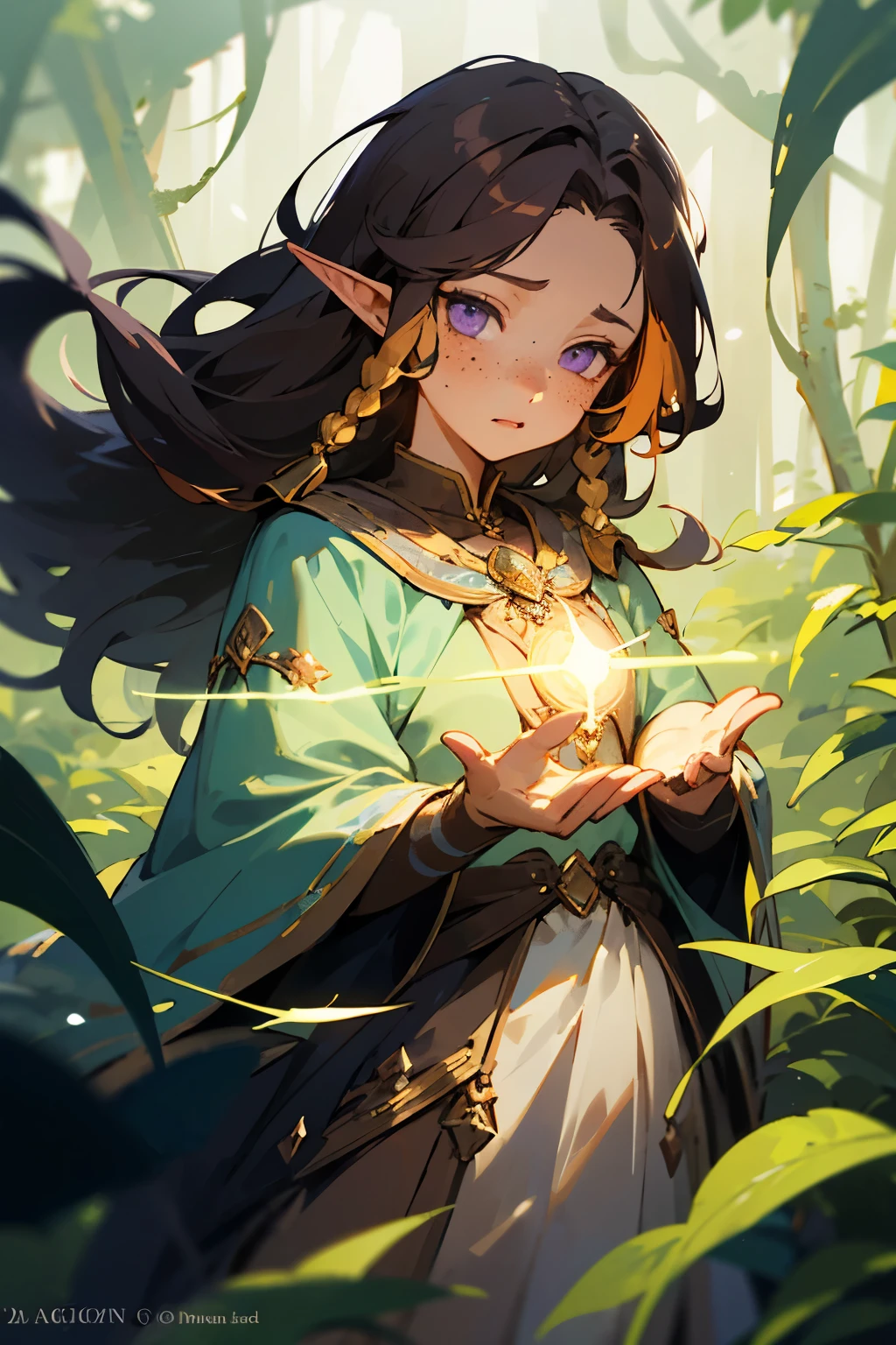 ((best quality)), ((masterpiece)), (detailed), 1girl, (masterpiece), best quality, expressive eyes, perfect face, magical, fantasy, woman, adult woman, Half-elf, druid, long brown hair, hair half up half down with braids, lavender purple eyes, gold accessories, fair skin, pretty, freckles, in forest, druid clothing, magical glowing, magical forest, nighttime, casting a magical spell, casting spell, majestic, glowing light magic, epic, powerful, greenery, vines, nature, flowers