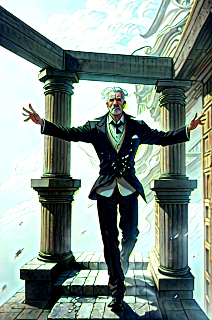 best qualityer,work of art,(1 men, wrinkled face, man old:1.2), wise, grey-eyed, White hair, faded fall, Style-GravityMagic, looking away, standing alone, (whole body:0.6), detailed back ground, face detailed, (fancy, dissolving, decay, entropymagic theme:1.1), oriental-like, monge, dynamic pose, posture of fight, Fist Grenching, beating, gloves fingerless, wristbands, martial arts themed clothing, monge robes, oriental-like temple stairs in background, swirling floating particles, dust cloud, Depth of field, dynamic composition, epic oriental-like medieval atmosphere,