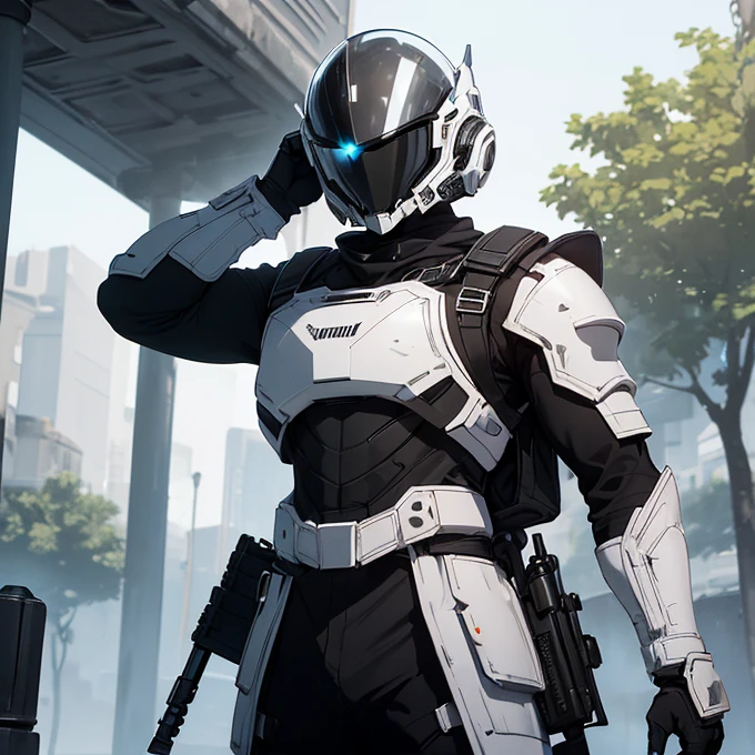 (absurdres, best high quality image, carefuly detailed features and textures, very detailed image, solo character alone, full character view): {{(1character: space male older soldier), (white-and-black bulky space battle armor, white-and-black full helmet showing no face,  helmet visor, white-and-black shoulder plates,  white-and-black breast plate with, grey crystal in the breast plate, white-and-black gauntlets, white-and-black elbow plates, white-and-black long plate boots, white-and-black bulky bag back pack), (two pistols, one on his right hand, one on his left hand), (standing imponent, firmly posture, deadly proffesional, on guard), (orange tree crystal trees alien forest)}}