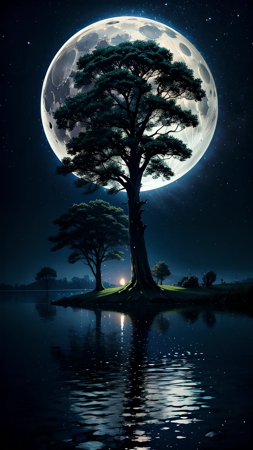 lake,world Tree,night,moon,Looking up at the world tree,Maximum resolution,The most beautiful scenery。