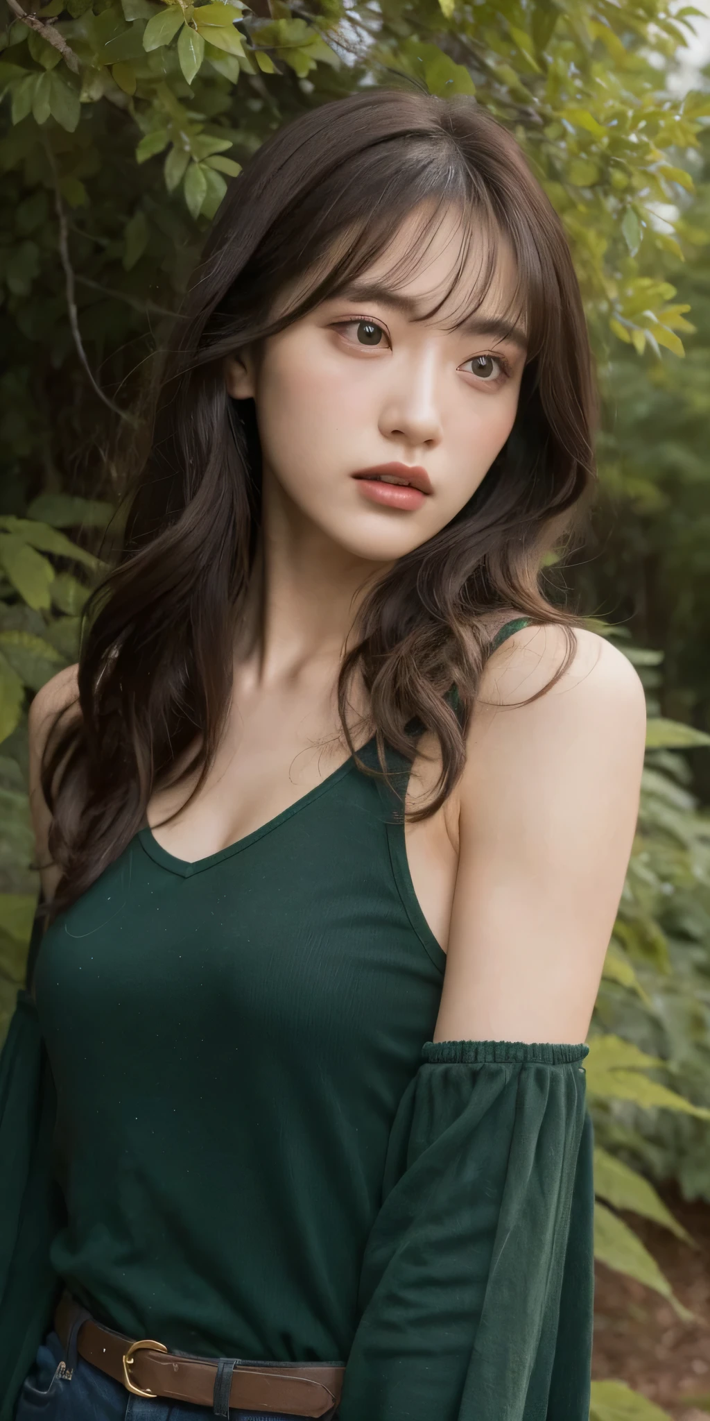 8k, best quality, masterpiece, highly detailed, semi realistic, a girl, a girl, 20 years old, looking at hands, long dark brown hair with bangs, curly hair, green eyes, black Japanese style cut clothes, white pants, bare shoulders, golden details, thin figure, cold expression, battle scenes, outdoors, forest background, with many trees and dark sky