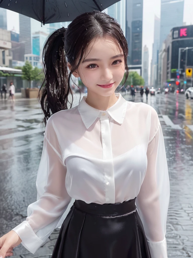 ((best quality, 8K, masterpiece: 1.3))high quality, Very detailed, Crazy Details, 4K quality (Digital art like a movie: 1.3), high quality, ,upper body,Thick black-rimmed glasses,Black Hair, black eye,sharp focus: 1.2, beautiful woman: 1.4, ((Short Hair: 1.2)),(darkred skirt、White blouse with lace), (wet from rain: 1.3), (rain, street: 1.2), wet body: 1.2,Highly detailed face and skin texture, detailed eyes, double eyelids, White skin,E cup,smile,Financial district of the big city,Skyscraper,White skin,Wet Hair、Wet Skin、Wet clothes、smile、 from front, beautiful and Detailed face, White skin, Realistic glowing skin, High-quality fabric, Detailed hair texture, Perfect body, Beautiful Face, Acura, Anatomically correct, highly Detailed face, Eye and skin texture, Natural neck length, (Beautiful Eyes), (Beautiful Hands), (Shiny skin:1.2), Thin legs, Thin legs, Knowledgeable person、Detailed face、 Dramatic Compensate、Compensate、Pinky Pink Lipstick、eye make up、mascara、liner、、 (((Wet body、 Sweat)))、