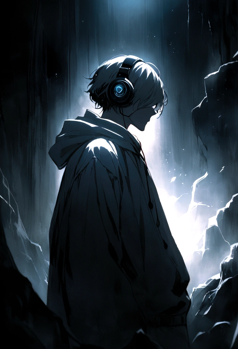 In side pose, A mysterious man stands against a dark and eerie background. His white hoodie and mask give him an air of secrecy, His headphones are、It alludes to the music that is with him in this dark world..
