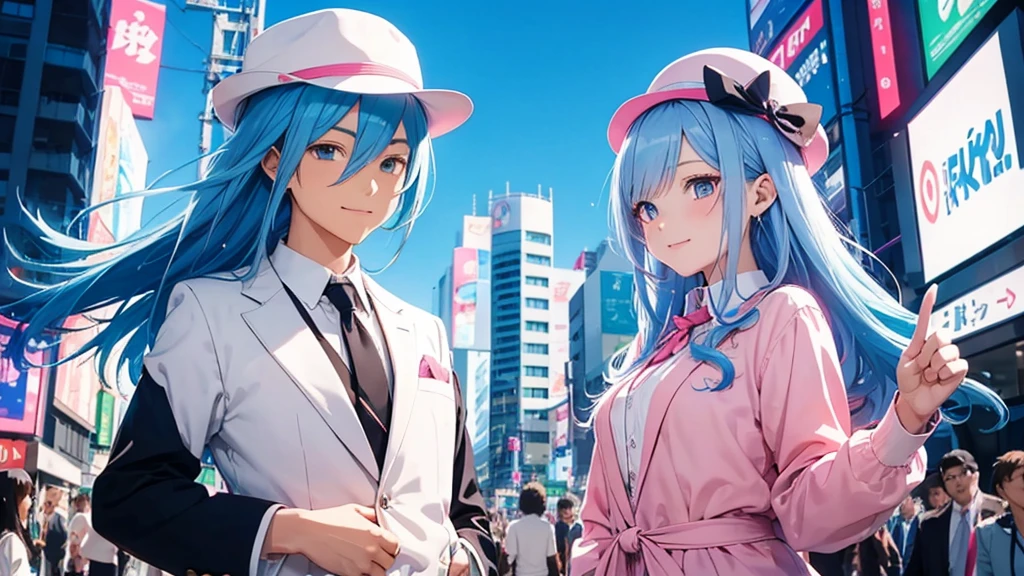 Anime style illustration with a vibrant city background similar to Shibuya. The main characters are a girl with long blue hair and blue eyes wearing a with a pink tie, and a boy with short blue hair wearing a white suit and hat. In this image, the boy is giving a thumbs-up with a confident smile, while the girl is standing next to him, clapping her hands in approval. The background remains colorful with musical notes floating around.