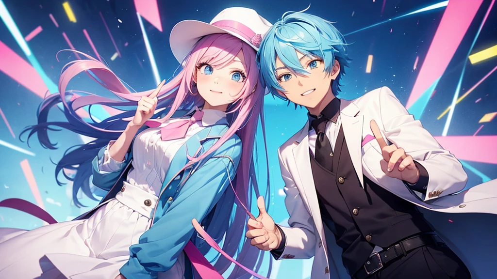 Anime style illustration with a vibrant city background similar to Shibuya. The main characters are a girl with long blue hair and blue eyes wearing a with a pink tie, and a boy with short blue hair wearing a white suit and hat. In this image, the boy is giving a thumbs-up with a confident smile, while the girl is standing next to him, clapping her hands in approval. The background remains colorful with musical notes floating around.