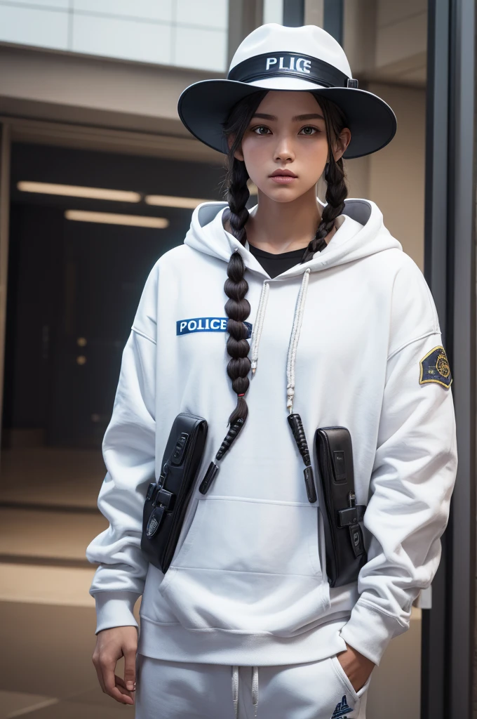 A free fire character with two braids and a police hat, a white hoodie.