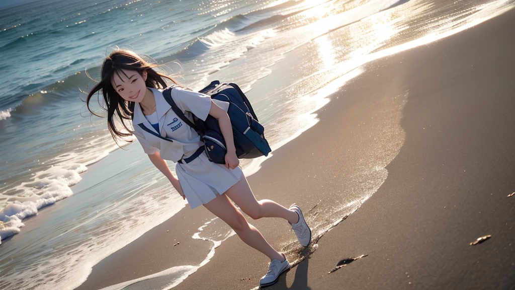 8K、RAW Photos、Highest quality、Super detailed、Super Resolution、Ultra HD、8K壁紙、Amazing details Woman walking on sandy beach、(16 year old school girl in uniform)、(Shining Sun)、Blue sky、School bag、smile、Midsummer Sun、You can see the ocean
((Full body photo))

