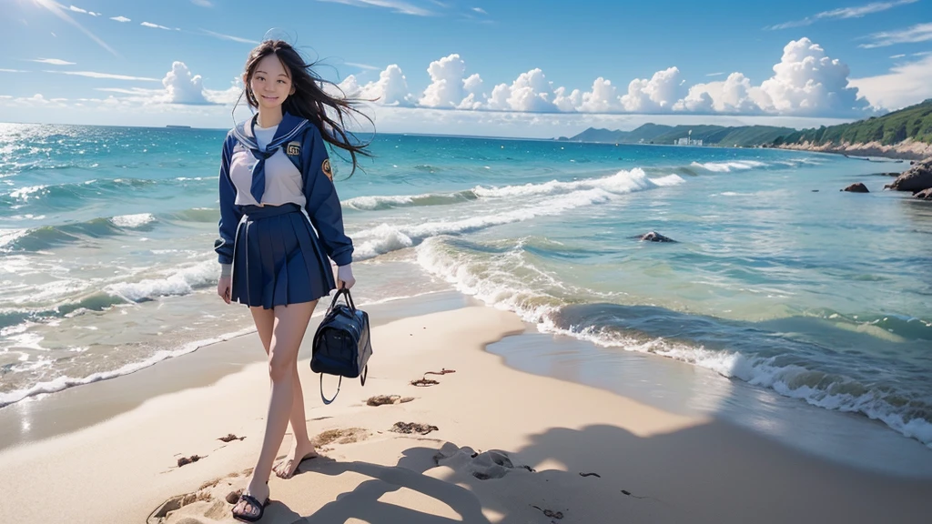 8K、RAW Photos、Highest quality、Super detailed、Super Resolution、Ultra HD、8K壁紙、Amazing details Woman walking on sandy beach、( school girl in uniform)、(Shining Sun)、Blue sky、School bag、smile、Midsummer Sun、You can see the ocean
((Full body photo))

