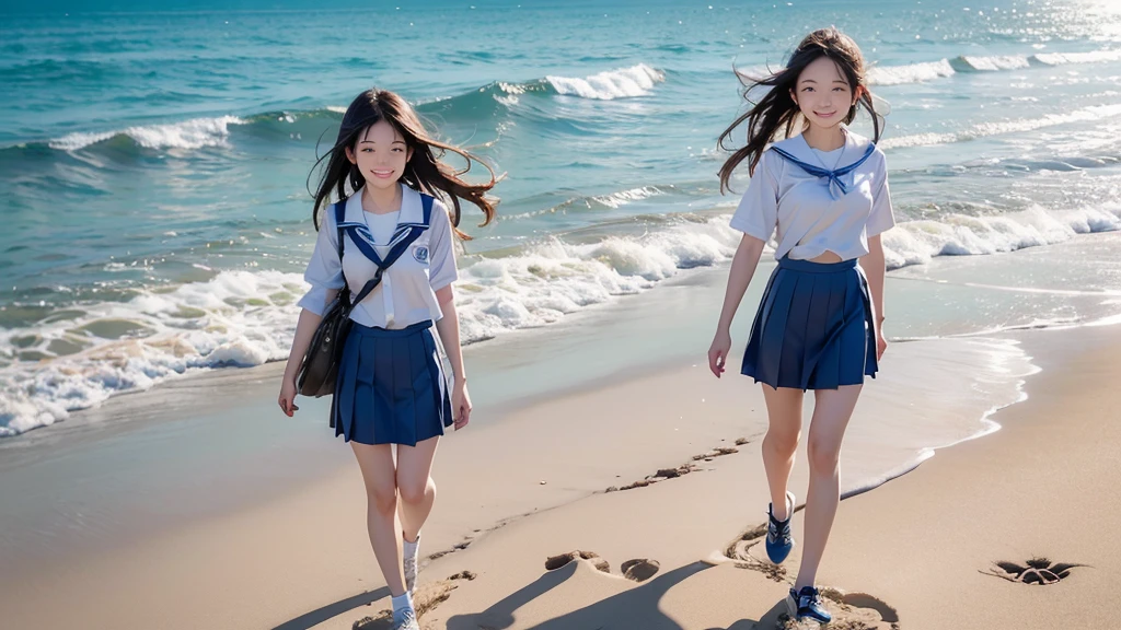 2 girls , , smile, blue eyes, Tabletop, highest quality, become close, in addition, Girly Running,
, Topless, Navy blue uniform skirt, Beautiful breastsの胸が出る, On the way to school, (thin:1),
Japanese, Beautiful breasts, Vulgarity, The wind is blowing, Sky blue beach