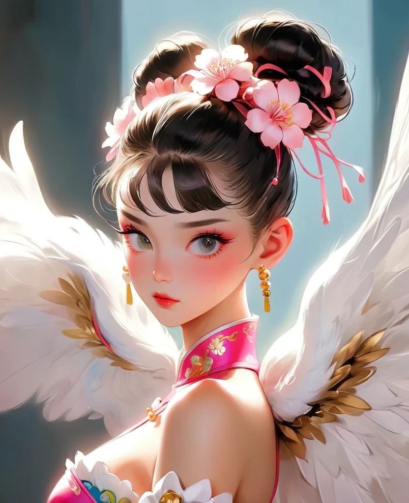 anime 4D Chun LI + Sakura girl sexy angels bright white wings big tits spiky mohawk hair dress V-cuts walking on a gloomy dark street in neon pink high heels scared style photo realism, fully detailed drawing in black and black and only the big green eyes
