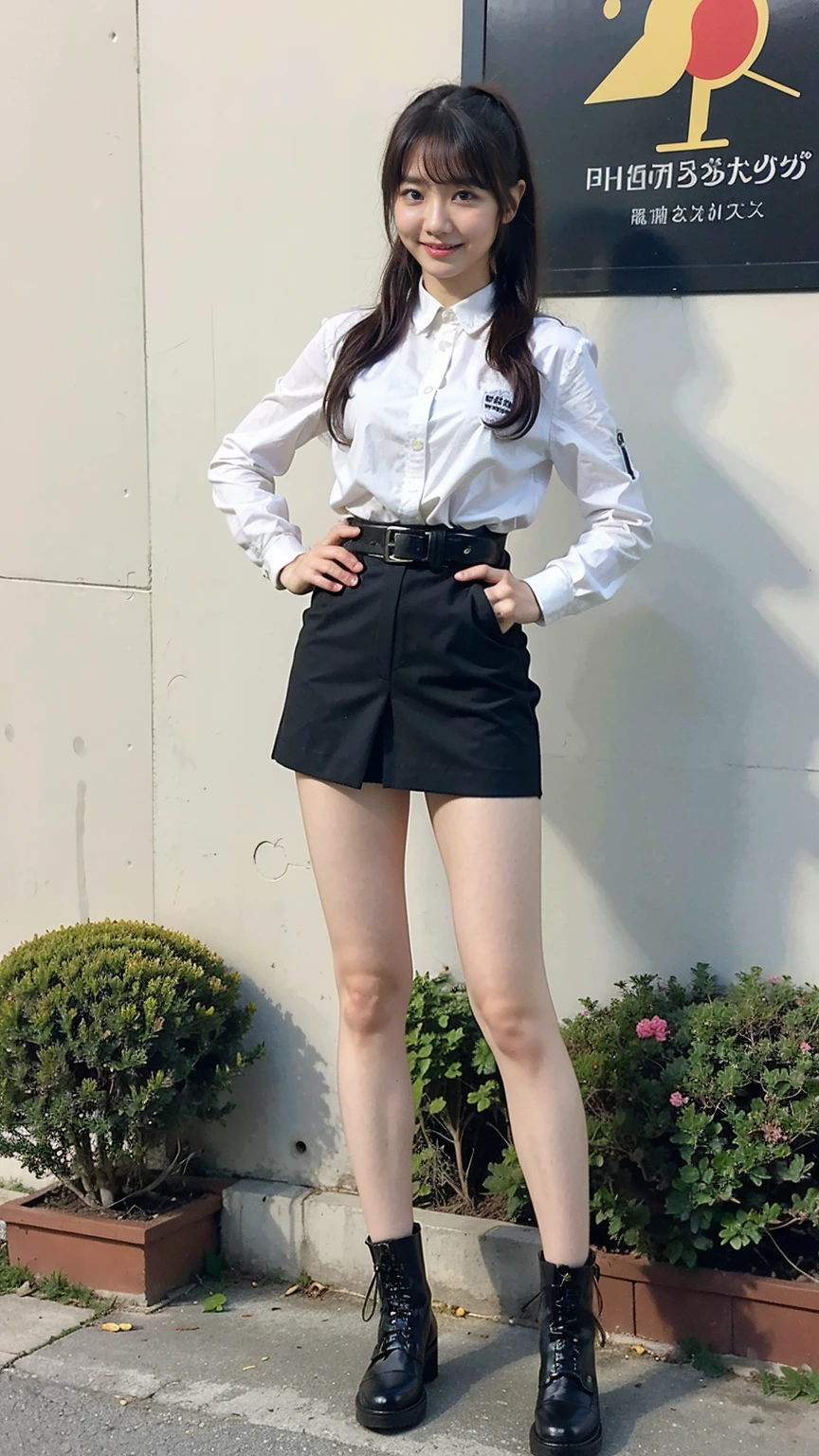 ((Best quality, Masterpiece, 8K)),  Indonesian girl. Wear Indonesian high . White shirt, gray skirt. Black belt. Beauty, half layered hair. Open leg apart. Smile. Full body. White panties. Visible underwear.