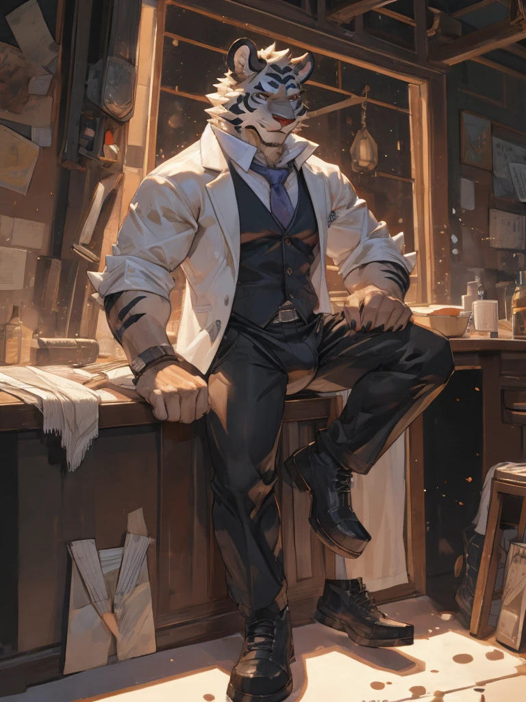{{bara extremely handsome white tiger,}} {{white fur,}} white, wearing military like purple trench coat, purple trousers, white dress shirt and necktie, white fluffy furry body and limbs, loafers, very tall, very broad shoulders, narrow waist, muscular arms, massive pecs, purple eyes, very long legs, sitting on swivel chair with legs spread, perspective, massive bulge, reading file, sophisticated hot look, sexy pose, full body, sunlight casting over, 3/4 view, best quality, high quality, silver earring on left ear, sultry smirk