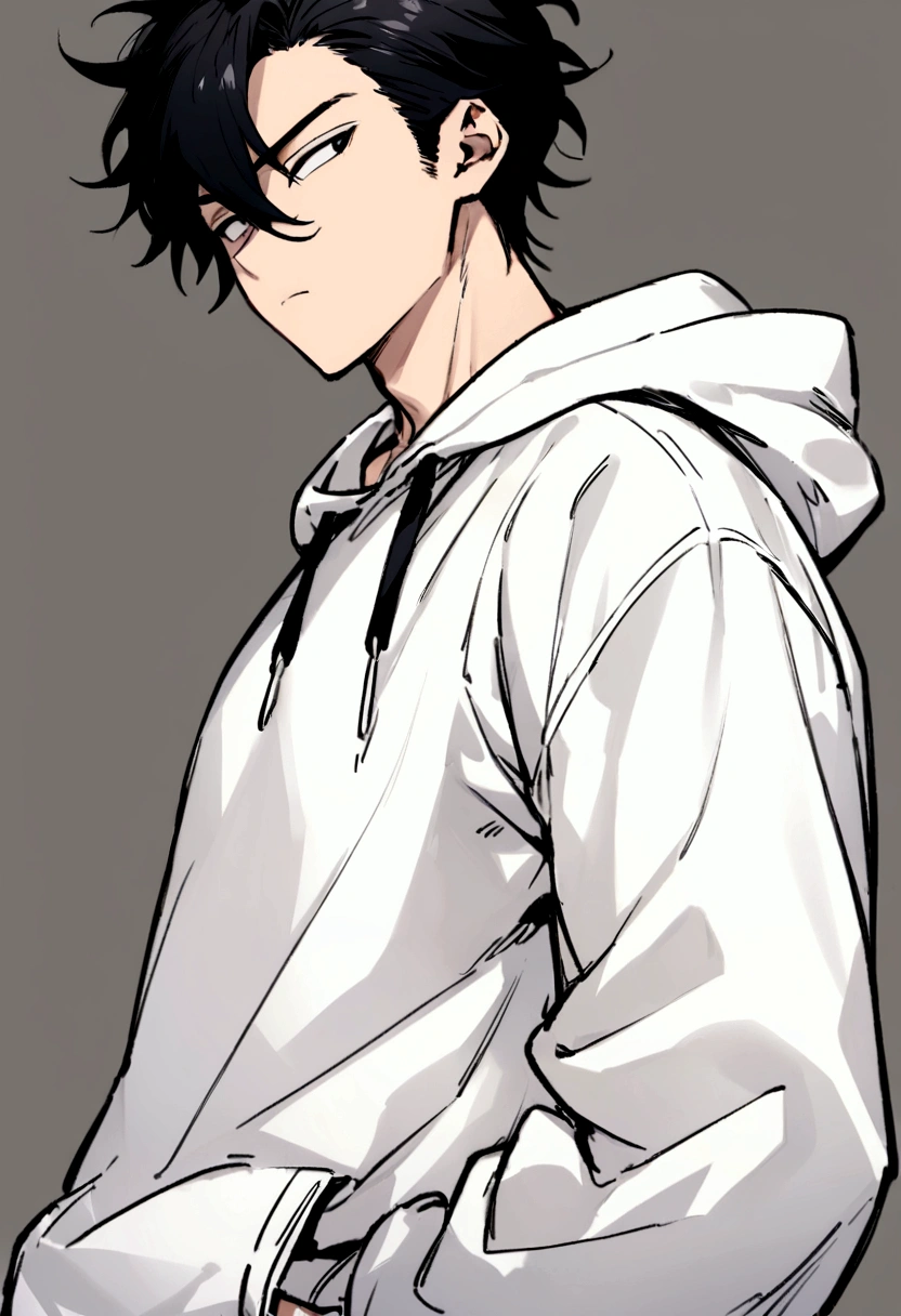 Handsome 18 year old man、Wearing a black and white hoodie、The background is pure white、Black Hair、Slanted Eyes、A little muscular