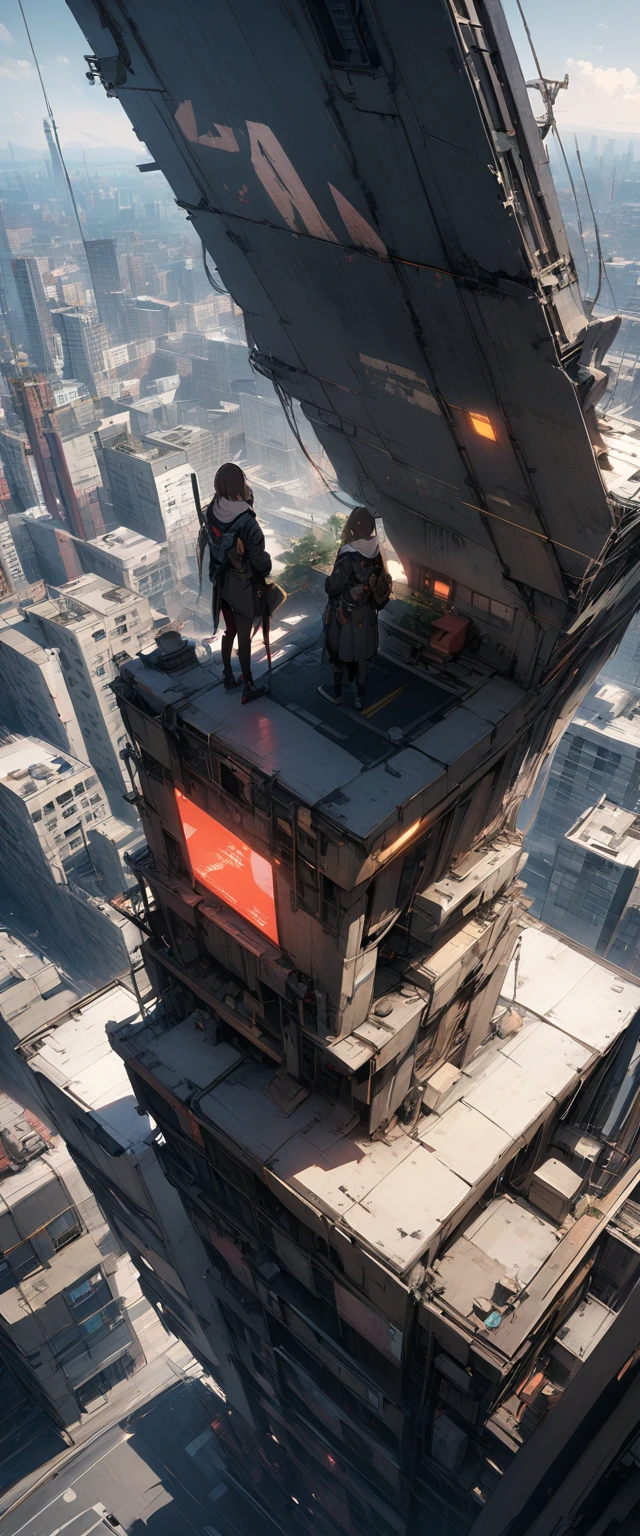 ((masterpiece, Highest quality, High resolution)), ((Highly detailed CG integrated 8K wallpaper)), Standing on top of a skyscraper女性の後ろ姿, Special forces await the signal to charge in., Standing on top of a skyscraper, Standing on the roof, Standing on the roof, Overlooking the modern city, Walk over a small city, Sitting on top of a skyscraper, mirror's edge in russia, Urban rooftops,