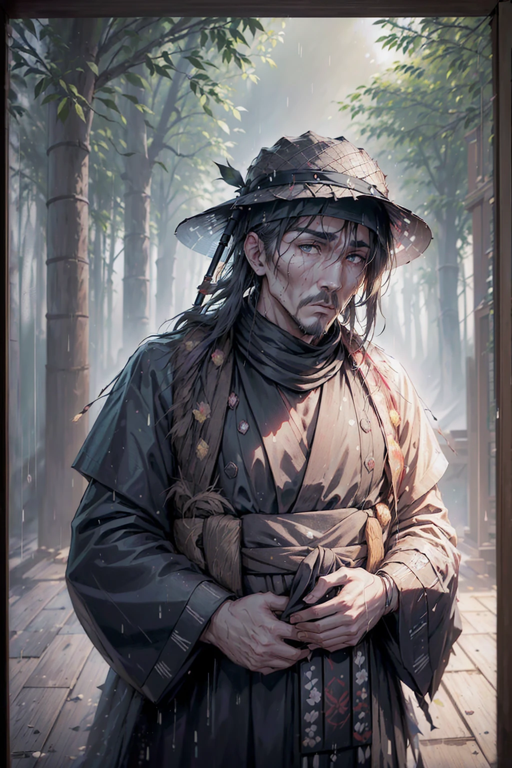 (best qualityer, 4K, high resolution, work of art:1.2), ultra detali, (realisitic, photorealisitic, photo-realisitic:1.37), a man dressed as a samurai stands in the rain, Wearing a bamboo hat (fail) in his head. It is surrounded by a dense forest, alive with the sounds of nature. It&#39;s a moonlit night, and the darkness adds to the mysterious atmosphere. The man is wearing a black kimono with neon red stripes that glow in the darkness, making him stand out in the scene. Sua espada (katana) is unsheathed, ready to act in the face of imminent disasters.