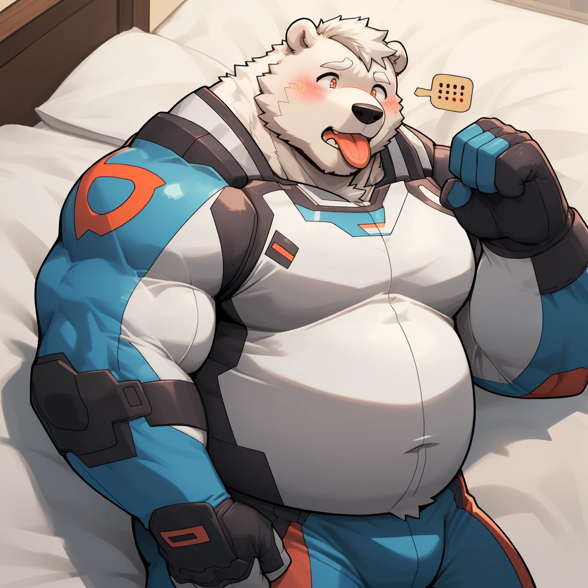 masterpiece, best quality, 8k resolution, Very detailed, hairy，(((polar bear))，(((Mature)))，(((beard))),(((fat)))，(((White hair all over body)))，(((portrait)))，(((White hair)))，(((Lying))),(((faint)))，(((Facial Expressions))),(((Stick out your tongue)))，(((Blushing)))，Highest quality scene，(((Hip bulge)))，((( Heads up))),(((Super hero)))，(((Fat-enclosed muscle)))，(((Round face)))，(((Tight combat suit)))，(((Strong body)))，(((Shameful)))，(((On the bed)))，(((Shut up)))，(((Roll your eyes)))，(((Solitary)))