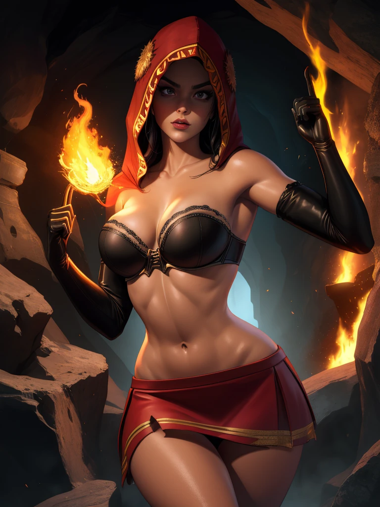 Dsorceress, shadowy face,dark cave, fire, hood, shadowed face, strapless bra, slim and athletic body, miniskirt, no panty, elbow gloves, dark skin, 1 girl (insanely detailed, masterpiece, best quality)