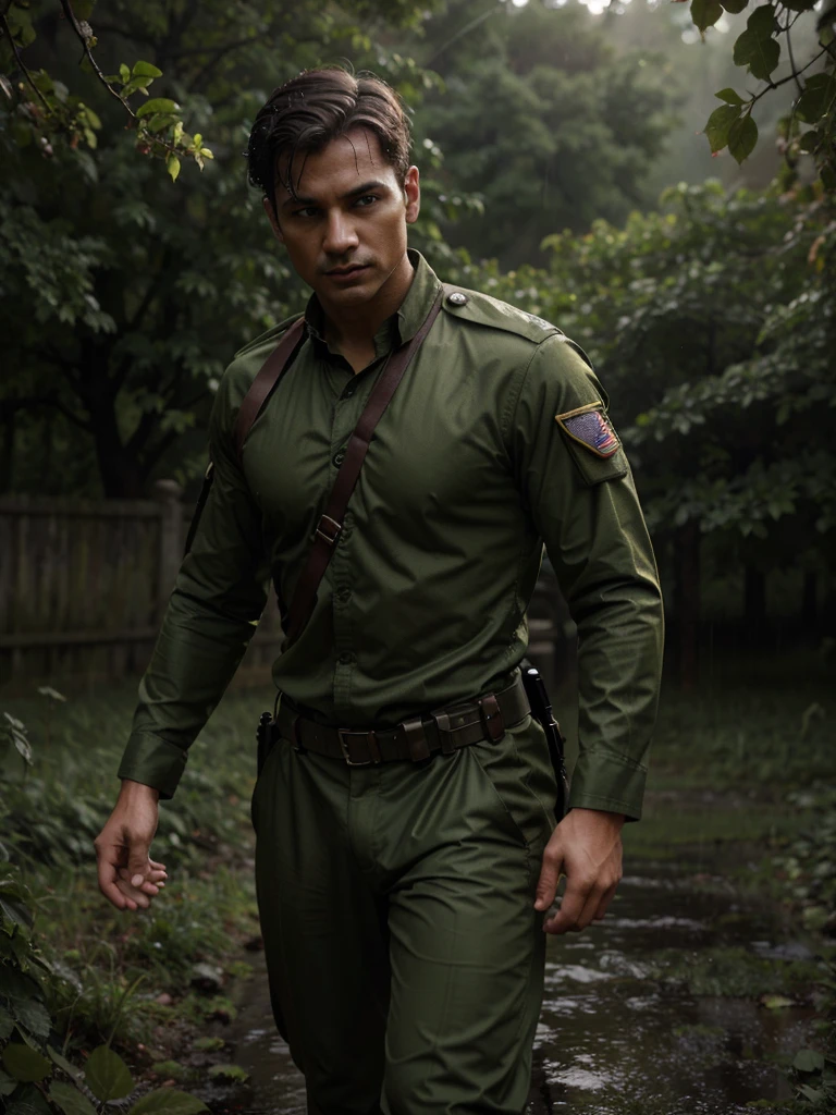 fast 4D realistic of Man's dashing pose with battlefield background, wearing army uniform, raindrops on green leaves, detailed, soft lighting, eerie atmosphere, high resolution.