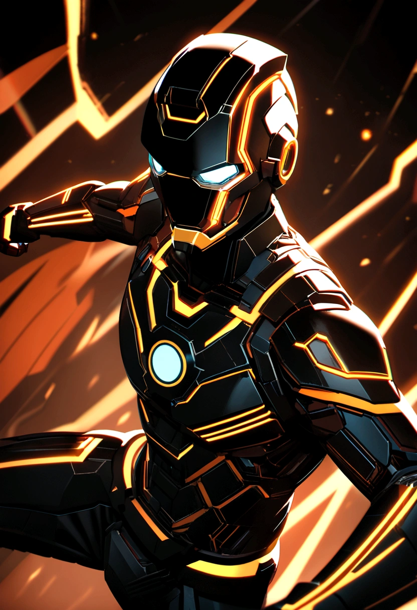 《create》and《Iron Man》combination of, Tron Legacy, Fighting Stance, Clear images, Intricate details, close up, battle scars, Black and Amber theme, simulated world