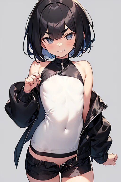 perfect hands,perfect fingers,1girl,flat chest,(short hair:1.3),black hair,black jacket,thick eyebrows,simple background,open eyes,black hotpants,(sholder off:1.5),smile,