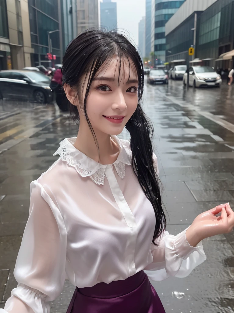 ((best quality, 8K, masterpiece: 1.3)),upper body,Black Hair, black eye,sharp focus: 1.2, beautiful woman with a perfect body: 1.4, ((ponytail, large: 1.2)), (small and beautiful hard (White long sleeve blouse with lace、Silk Tight darkmagenta long skirt), (wet from rain: 1.2), (rain, street: 1.2), wet body: 1.1, Highly detailed face and skin texture, detailed eyes, double eyelids, White skin,,E cup,smile,Financial district of the big city,Skyscraper,White skin,Wet Hair、Wet Skin、Wet clothes、smile、 