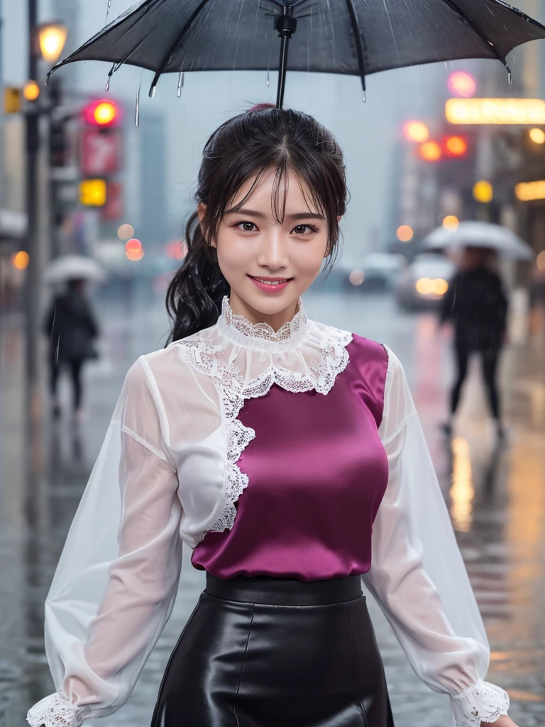 ((best quality, 8K, masterpiece: 1.3)),upper body,Black Hair, black eye,sharp focus: 1.2, beautiful woman with a perfect body: 1.4, ((Medium Hair, large: 1.2)), (small and beautiful hard (White long sleeve blouse with lace、Silk Tight dark turquoise long skirt), (wet from rain: 1.2), (rain, street: 1.2), wet body: 1.1, Highly detailed face and skin texture, detailed eyes, double eyelids, White skin,,E cup,smile,Financial district of the big city,Skyscraper,White skin,Wet Hair、Wet Skin、Wet clothes、smile、