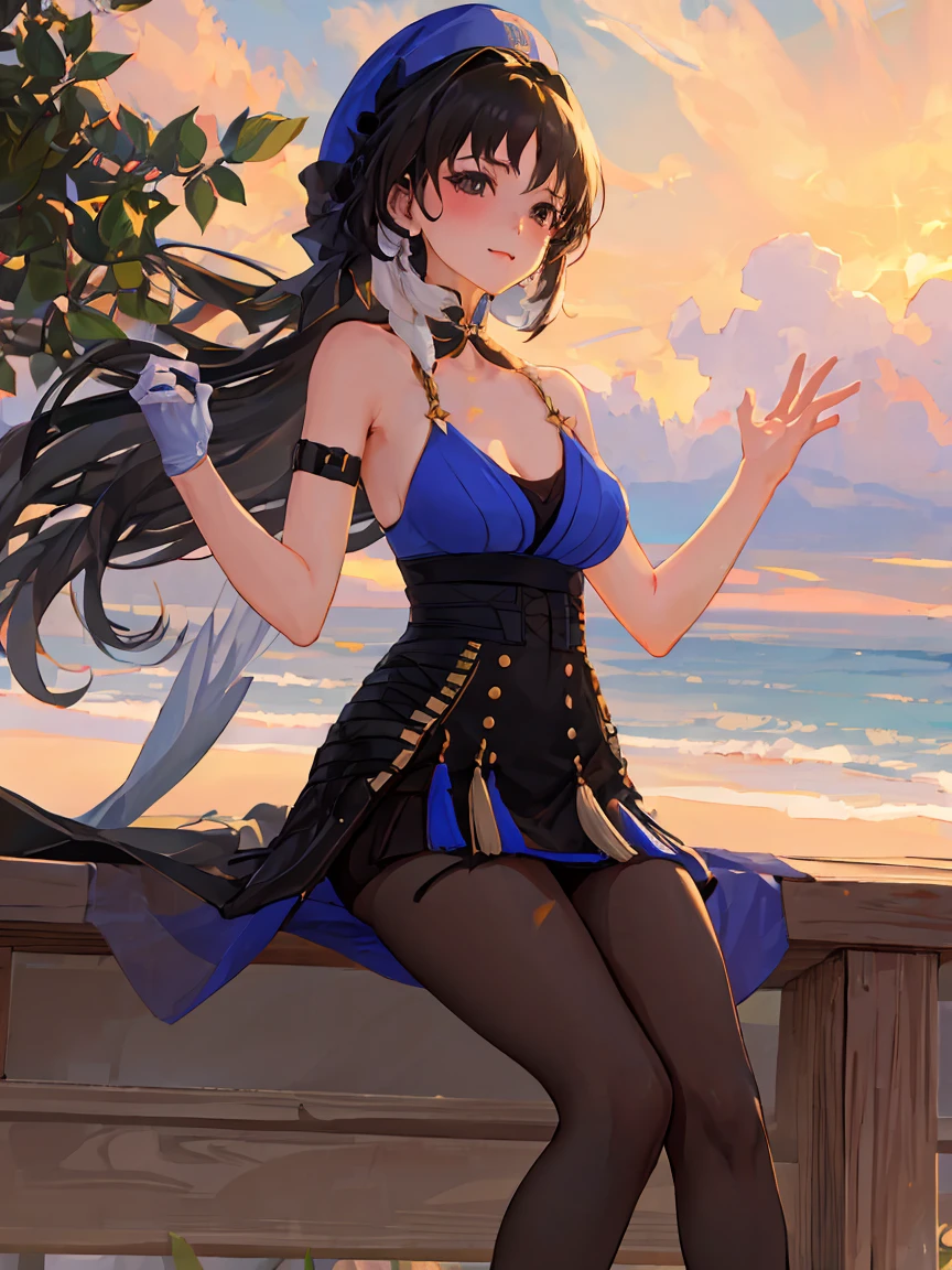 Yangyang from wuthering waves game, 1girl, weaing a sexy bikini at a beach, black colour hair style, 8k, high detailed, high quality