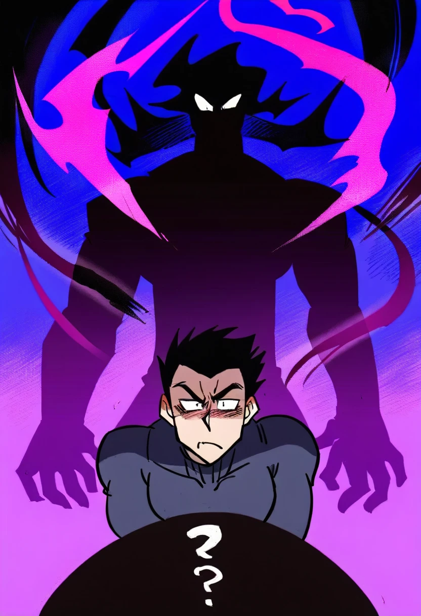 A dynamic and vibrant 2D anime illustration of two characters. The first character is a tall muscular male antagonist character wearing a full black turtleneck body suit with a unique symbol on it. He is accompanied by the second character who is a mysterious character floating above him consuming the antagonist with his evil aura. 