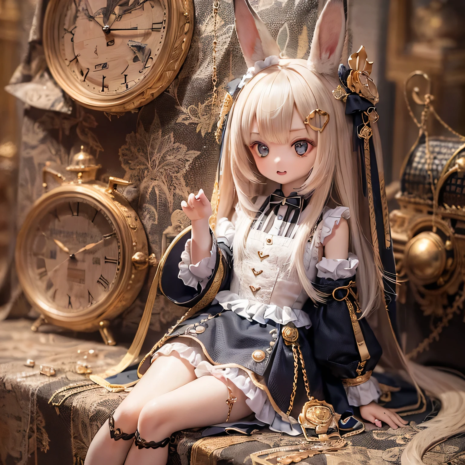 
The rabbit girl is holding a big clock with Alice_Cute poses in Wonderland