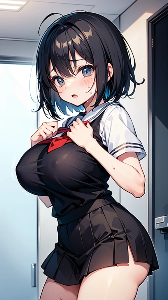 (intricate and super detailed anime style cute illustration),black hair,short hair,short sleeves school blezer uniform,big breasts,
open mouth,sweat,