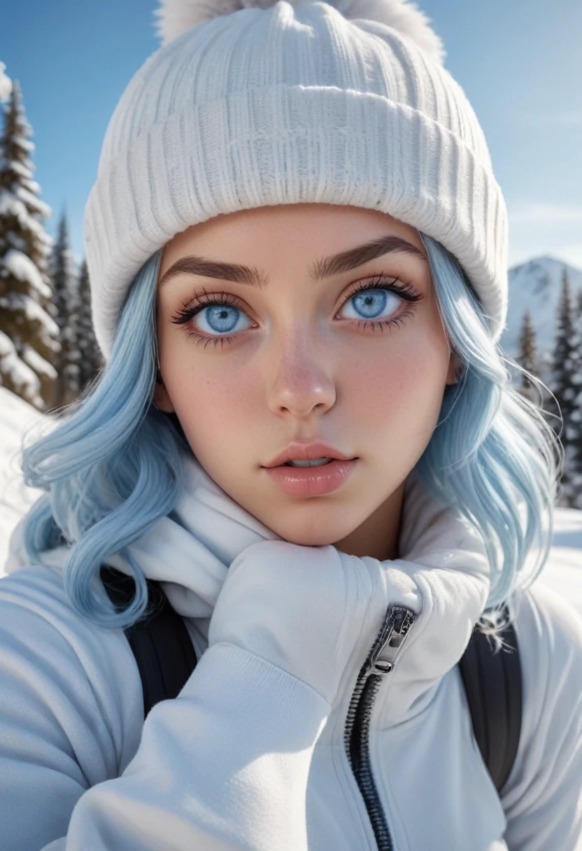 (masterpiece, best quality, photorealistic, Instagram photo,1 girl, Nia Johnson, sexy girl, beautiful girl, very youngest looking baby face looking adult lady in the world, solo, Realism, natural light, ray tracing, Subsurface scattering, very high-resolution, realistic style, 32k, official art, aesthetic, high contrast, extreme detailed background, soothing tones, realistic, beautiful light blue eyes, (determined face), perfect face, detailed face, detailed hair, shiny skin, perfect skin, 20 years old:1.2), blush,(opening completely unzipped clothes:1.3), Thick long light blue hair, cute toque, (wide shot:1.5),(very heaviest very largest breasts,lots of cleavage:1.1), (Sports theme:1.5),((snowboarding), ((blowing kiss)), (wearing very white_light_blue_very heaviest winter_outfit:1.3),1girl,Breasts