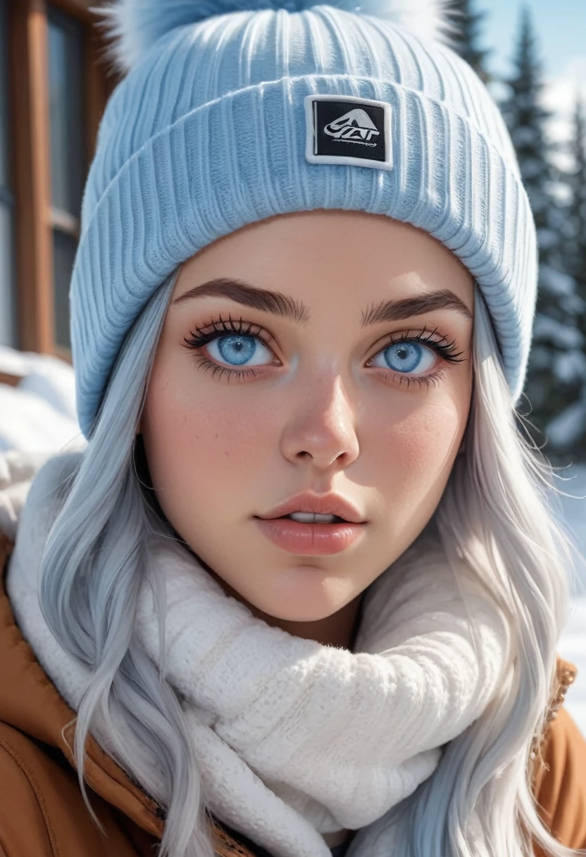 (masterpiece, best quality, photorealistic, Instagram photo,1 girl, Nia Johnson, sexy girl, beautiful girl, very youngest looking baby face looking adult lady in the world, solo, Realism, natural light, ray tracing, Subsurface scattering, very high-resolution, realistic style, 32k, official art, aesthetic, high contrast, extreme detailed background, soothing tones, realistic, beautiful light blue eyes, (determined face), perfect face, detailed face, detailed hair, shiny skin, perfect skin, 20 years old:1.2), blush,(opening completely unzipped clothes:1.3), Thick long light blue hair, cute toque, (wide shot:1.5),(very heaviest very largest breasts,lots of cleavage:1.1), (Sports theme:1.5),((snowboarding), ((blowing kiss)), (wearing very white_light_blue_very heaviest winter_outfit:1.3),1girl,Breasts