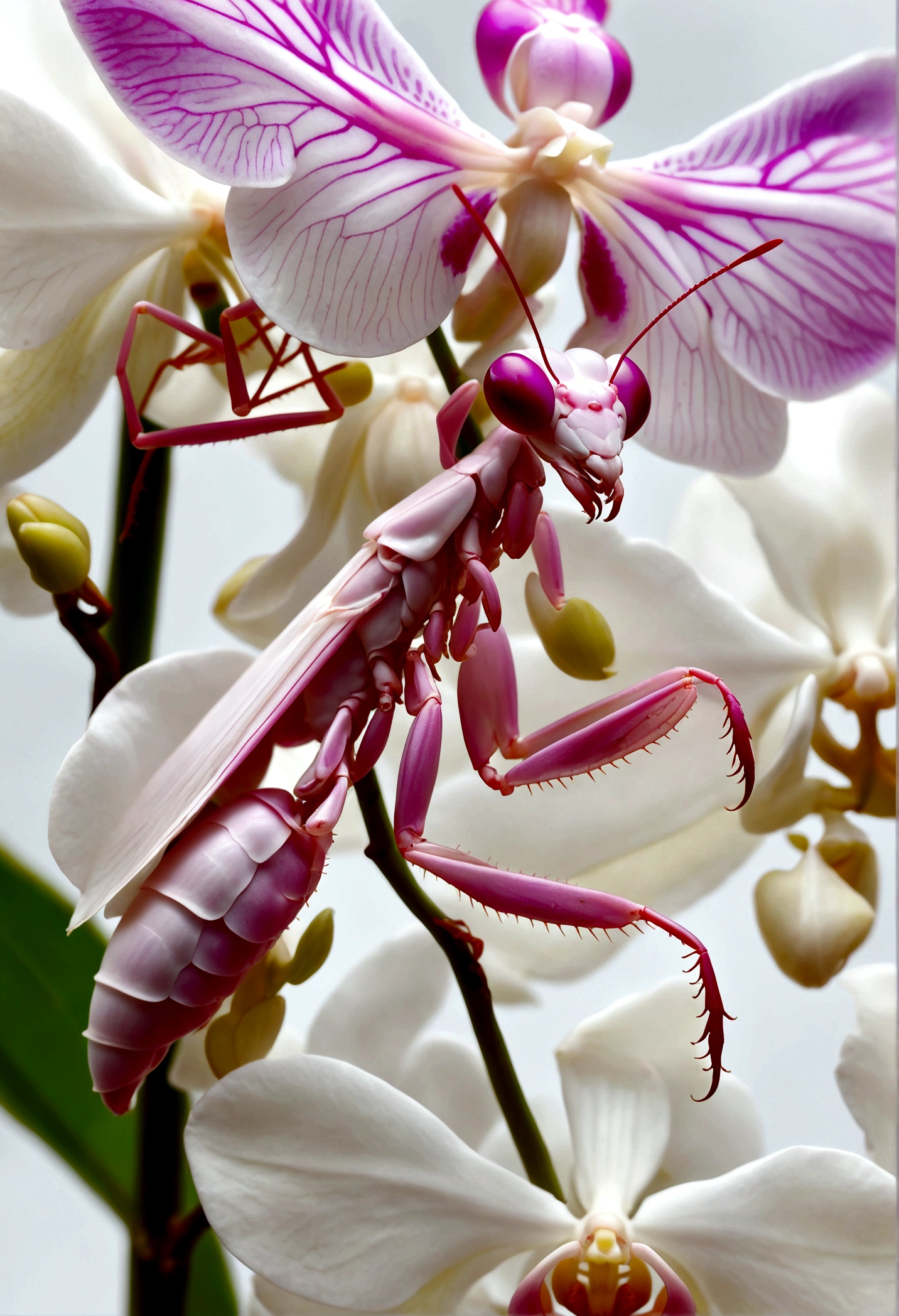 orchid mantis, pale white with pink highlights, hiding on a white orchid, preparing to ambush prey, insect macro photography, extremely detailed, A high resolution, Photorealistic, daylight, depth of field, seamless mixture of mantis and orchid, bright colors
