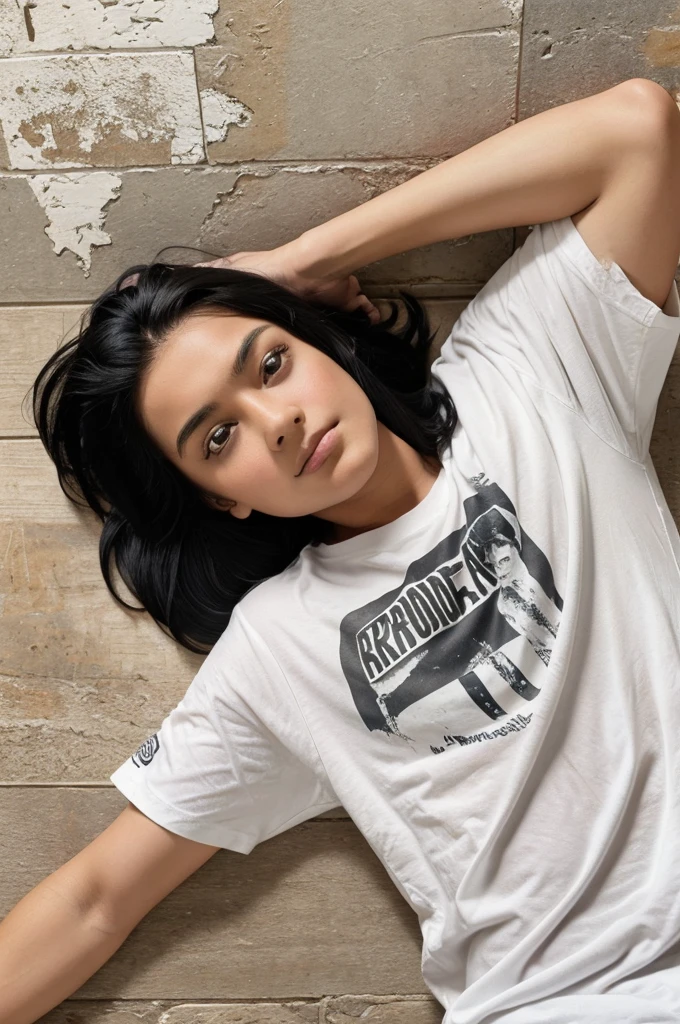 This image shows a young boy with medium-length black hair, lying down. He is wearing a white t-shirt and has a neutral expression on his face. The background appears to be an aged, textured surface, possibly a wall or ceiling. The photo has a timestamp in the bottom left corner that reads "06/25/24 23:24".