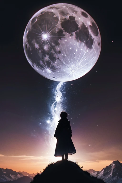 Highest quality,Big moon and shadow,A silhouette of a person can be seen against the backdrop of a large moon.,There is one full moon,There is a mood,Beautiful scenery,Starry Sky