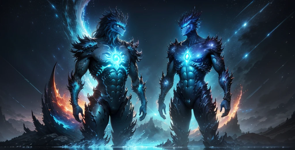 nebula explosion, concept art of a metallic mythical monster looking at the camera (water monster and shoulders, fully body), Science fiction, realisitic, highy detailed, sharp focus, illustration, Masterpiece artwork, 8K, 3d modle