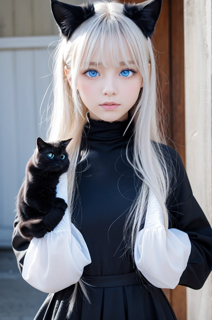 Black cat、Light blue eyes、Hands are white