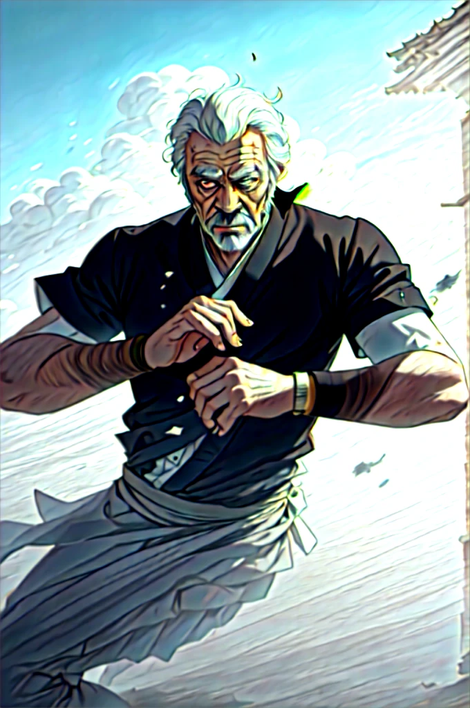 best qualityer,work of art,(1 men, wrinkled face, man old:1.2), wise, grey-eyed, White hair, rosto do Sean Connery, faded fall, Style-GravityMagic, looking away, standing alone, (whole body:0.6), detailed back ground, face detailed, (fancy, dissolving, decay, entropymagic theme:1.1), oriental-like, monge, dynamic pose, posture of fight, Fist Grenching, beating, gloves fingerless, wristbands, martial arts themed clothing, monge robes, oriental-like temple stairs in background, swirling floating particles, dust cloud, Depth of field, dynamic composition, epic oriental-like medieval atmosphere,