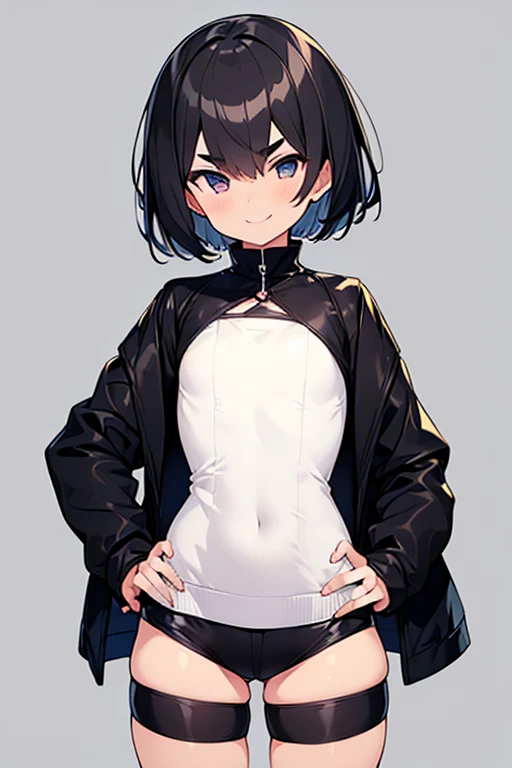 perfect hands,perfect fingers,1girl,flat chest,(short hair:1.3),black hair,black jacket,thick eyebrows,simple background,open eyes,black hotpants,smile,Place your hands on your hips