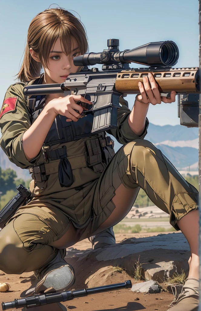 Elaizaikedareal, 1girl, solo, short hair, skirt, blonde hair, red eyes, gloves, ponytail, weapon, pantyhose, hairband, boots, holding weapon, gun, black pantyhose, rifle, one knee, sniper rifle, scope, shell casing