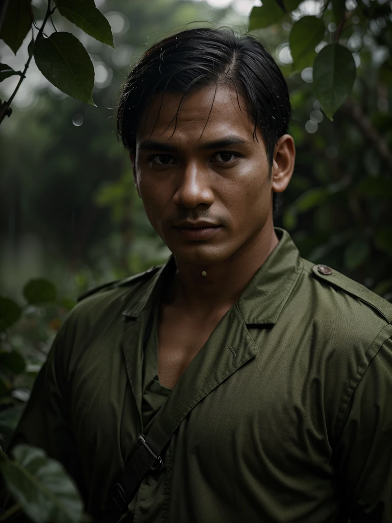 A Japanese soldier in the Philippines war, potrait, 8k, realistic, intense eyes, well-defined facial features, rugged appearance, detailed uniform, strong and determined expression, historic setting, war-torn background, dramatic lighting, authentic colors, high resolution, fine detailing.