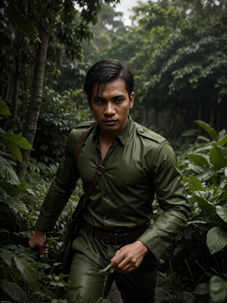 Fast 4D realistic about man's dashing pose with battlefield background, wearing Indonesian army uniform, raindrops on green leaves, detailed, soft lighting, eerie atmosphere, high resolution.
