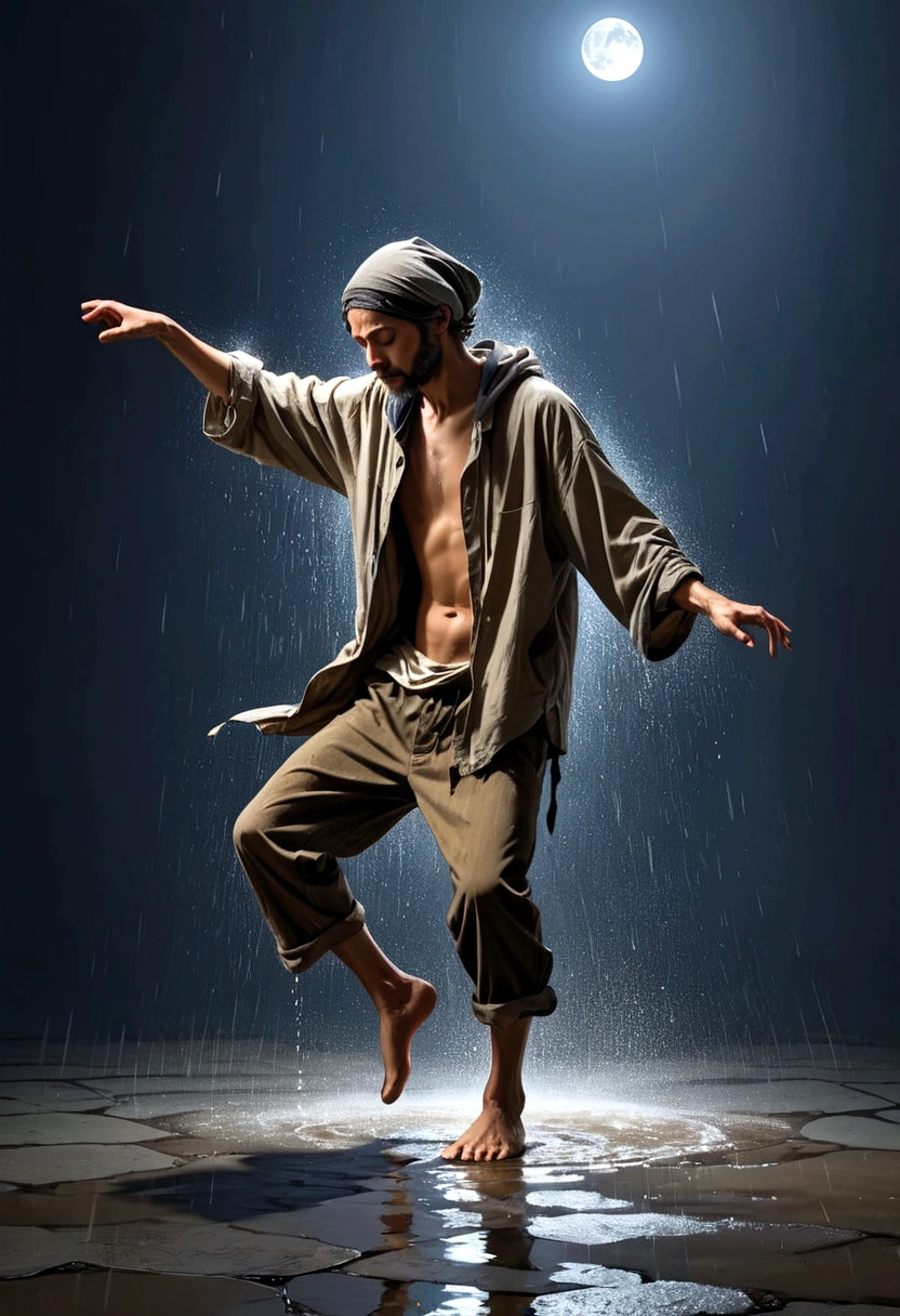 Soul Dancer Mark,A homeless man dancing alone in the moonlight and rain,Barefoot,Loose and worn clothes,Professional Action,Very contagious,Splash,Light and Shadow,Minimalism,artistic conception,Clean background