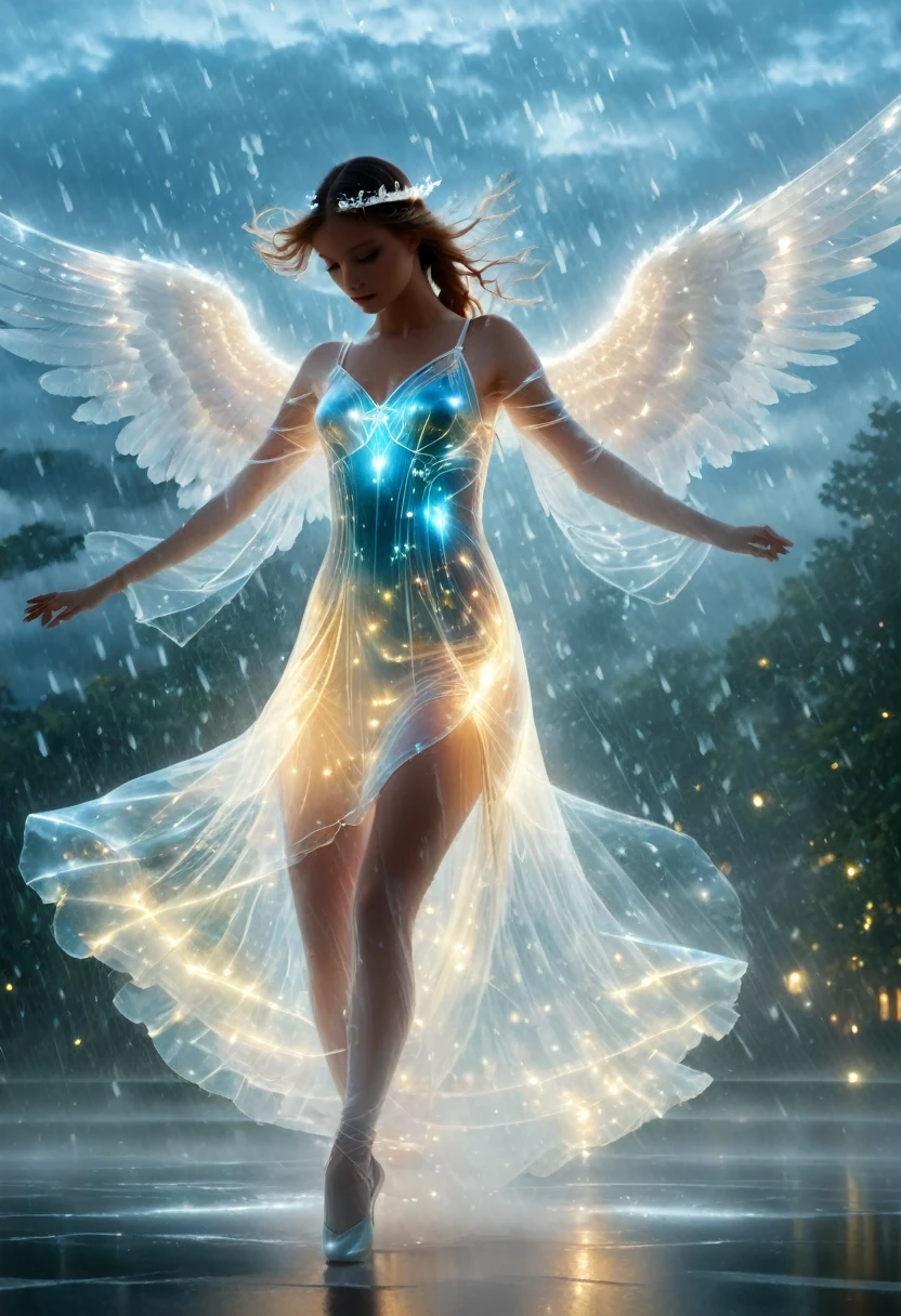 Une sublime danseuse au corp translucide qui danse dans les nuages en lévitation sous la pluie , ailes déployés sous la pluie, sans protection, corps translucide fait d’eau de pluie qui coule sur elle, Jour de pluie, un pas de danse, bioluminescent water dress, translucent angel, courbes poétique et sensuelle, effet holographique qui sort de la photo, scène extrêmement détaillée, hyperréaliste, Des détails sublimes. Un travail vraiment remarquable, travail joyeux et sensuel, danse dynamique, danse classique, intricate, ((danse en lévitation,  en lévitation, dans les nuages))