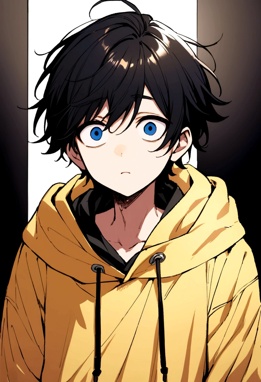 Beautiful 18 year old boy、Wearing a yellow and black hoodie、The background is pure white、Center parting of black hair、Bright blue eyes、Droopy eyes