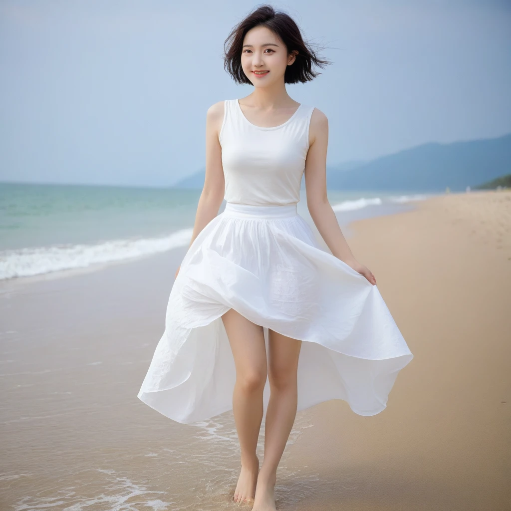 sunset on the beach，바다에 잔광이 비치네sunset on the beach 붉은 태양，A strong lingering scent is reflected in the sea., Beautiful 46-year-old short Korean woman, Chest size 34 inches, Wear sleeveless, white light skirt. beautiful pretty woman look , wearing a light skirt , Go far into the sea water and dip your toes., Short medium hair blowing in the wind, 1 short woman, beautiful eyes, a little smile, Full-body photo taken from afar with a wide-angle lens, The background is clean and perfect., waves moved by the wind, best high definition