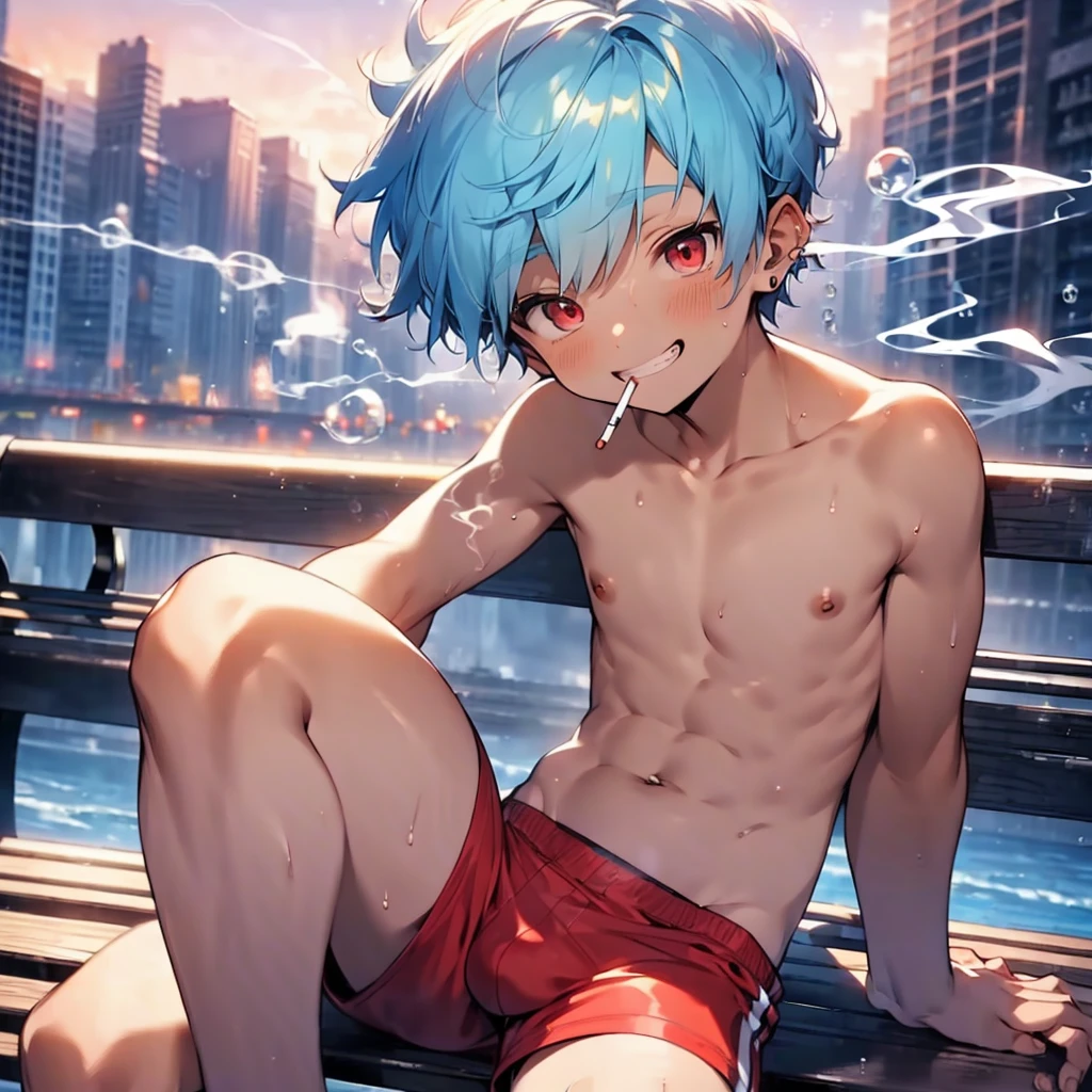 (solo:2), (boldline:-1.8), (smoking:1.6), (((bubble))), (sitting on bench:1.5), (spread legs:1.5), (((fang))), (((best finger))), BREAK (best quality:1.5), (absolutely resolution:1.5), (ultra detailed:1.5), (masterpiece:1.5), (perfect face), (detailed face), (detailed eyes), (best eyes), (cute face), (shota:2), BREAK (topless:1.5), BREAK (red short pants:1.5), (see throgh wet clothes:1.2), (bulge:1.6), (skinny:1.3), (spiked hair), BREAK (light blue hair:1.5), (wine red eyes:1.4), (eyes with highlight:1.6), ((mole under eye)), (sweaty skin), (light skin), (grin:1.5), ((earrings)), (shiny skin:1.3), BREAK (garden), (building:1.5), (at twilight:1.5), ((wind blowing)), ((nipple)), (abs), (groin),
